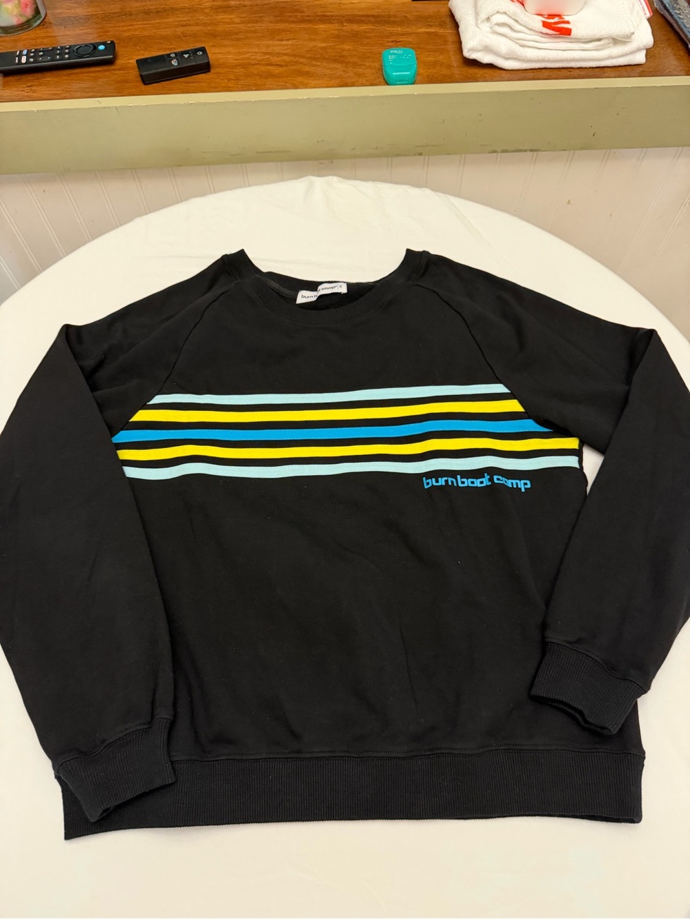 Black Crewneck Sweatshirt with Blue & Yellow Stripes